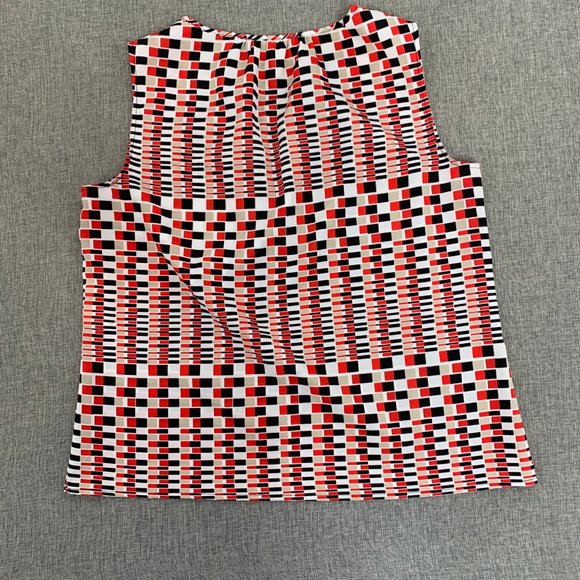 Black Label by Evan Picone Sleeveless Blouse Medium Red Black White Pleated Neck - Picture 11 of 13